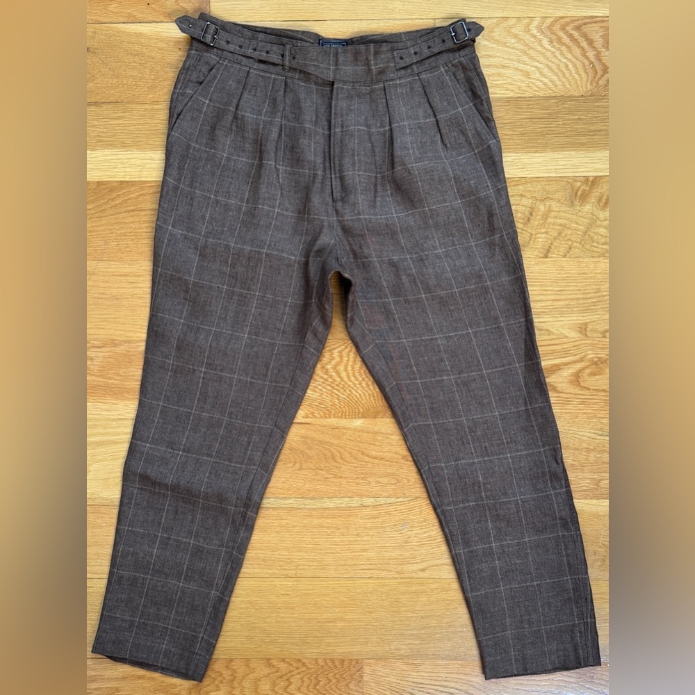 TODD SNYDER GURKHA PANTS BROWN PLAID CHECK RUBINACCI LINEN MANNY 34 PLEATED $350